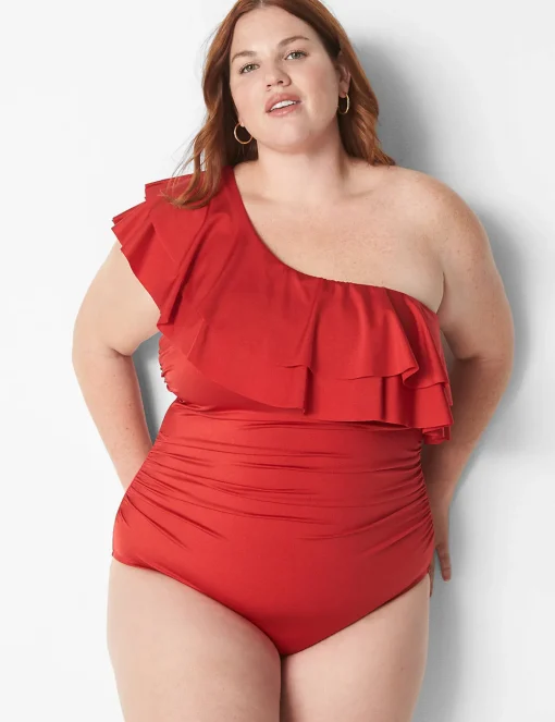 Swim One Piece^Lane Bryant No-Wire Ruffle One-Shoulder Swim One-Piece Adrenaline Rush
