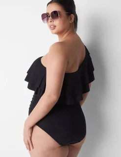 Swim One Piece^Lane Bryant No-Wire Ruffle One-Shoulder Swim One-Piece Black