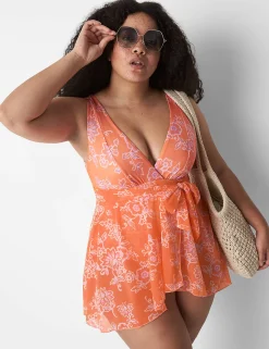Swim One Piece^Lane Bryant No-Wire Wrap Swim Dress Nectarine Floral