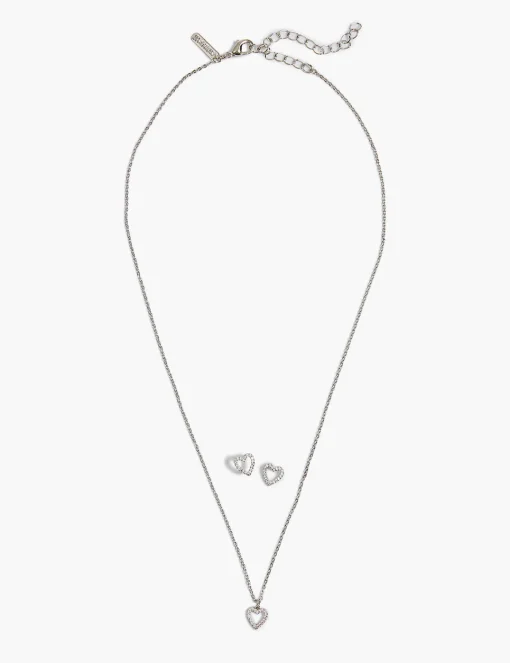 Necklaces^Lane Bryant Pave Heart Pendant/Earring Set: :Onesz Silver