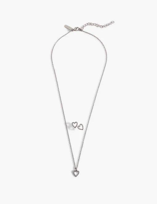 Necklaces^Lane Bryant Pave Heart Pendant/Earring Set: :Onesz Silver