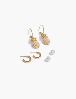 Earrings^Lane Bryant Pearl Pineapple Earrings 3 Pack Gold Tone