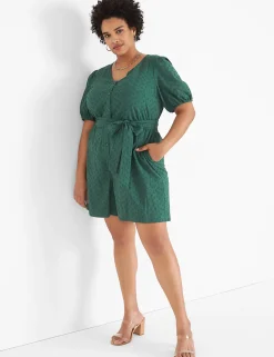 Jumpsuits & Rompers^Lane Bryant Perfect Puff-Sleeve Button-Front Belted Romper Hunter Green