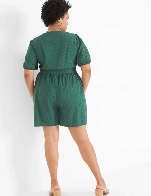 Jumpsuits & Rompers^Lane Bryant Perfect Puff-Sleeve Button-Front Belted Romper Hunter Green
