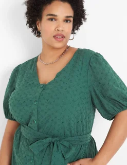 Jumpsuits & Rompers^Lane Bryant Perfect Puff-Sleeve Button-Front Belted Romper Hunter Green