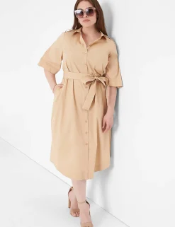 Work Versatile^Lane Bryant Perfect Sleeve Collared Belt Shirt Dress Ginger Root