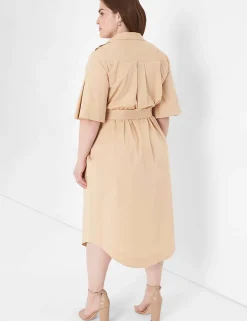 Work Versatile^Lane Bryant Perfect Sleeve Collared Belt Shirt Dress Ginger Root