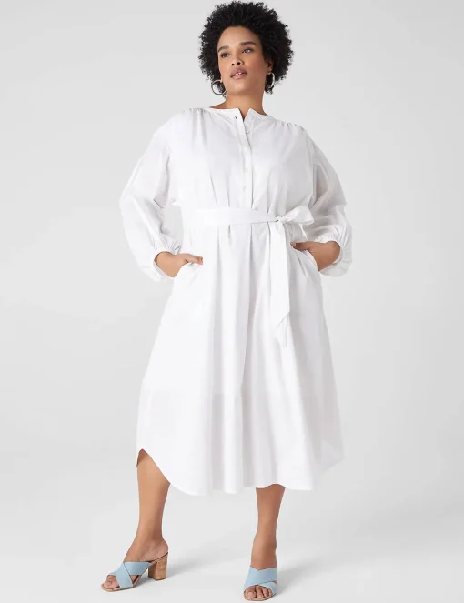 Fit & Flare^Lane Bryant Poet-Sleeve Placket-Detail Midi Dress White