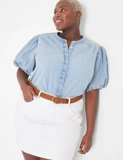 Shirts & Blouses^Lane Bryant Puff-Sleeve Button-Down Denim Shirt Light Denim