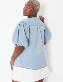Shirts & Blouses^Lane Bryant Puff-Sleeve Button-Down Denim Shirt Light Denim