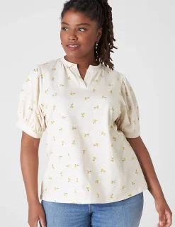 Knit Tops^Lane Bryant Puff-Sleeve Notch-Neck Tee Sunflower
