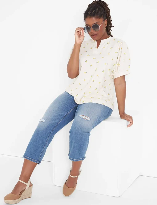 Knit Tops^Lane Bryant Puff-Sleeve Notch-Neck Tee Sunflower