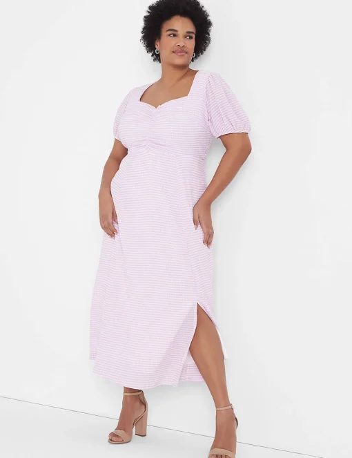Sheath^Lane Bryant Puff-Sleeve Ruched Sweetheart-Neck Midi Dress Violet