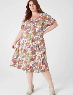 Fit & Flare^Lane Bryant Puff-Sleeve Ruched-Front Fit & Flare Dress Flower Power