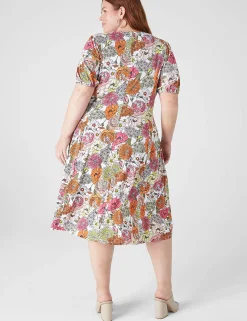 Fit & Flare^Lane Bryant Puff-Sleeve Ruched-Front Fit & Flare Dress Flower Power