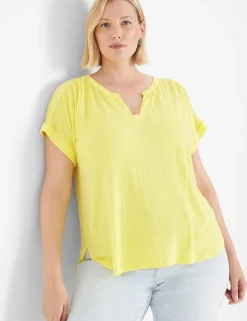 Knit Tops^Lane Bryant Relaxed Cap-Sleeve Notch-Neck Texture Knit Top Yellow