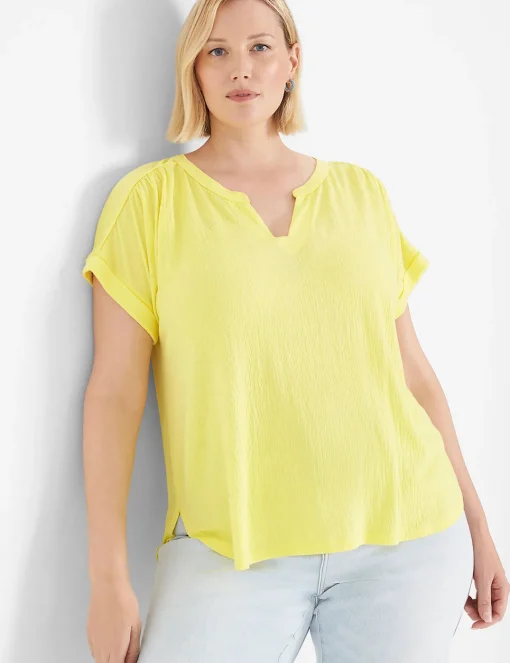 Knit Tops^Lane Bryant Relaxed Cap-Sleeve Notch-Neck Texture Knit Top Yellow
