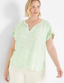 Knit Tops^Lane Bryant Relaxed Cap-Sleeve Notch-Neck Texture Knit Top Green Stripe