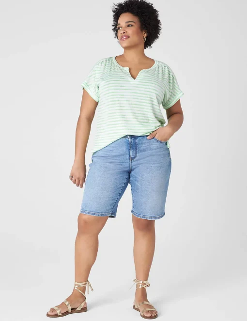 Knit Tops^Lane Bryant Relaxed Cap-Sleeve Notch-Neck Texture Knit Top Green Stripe