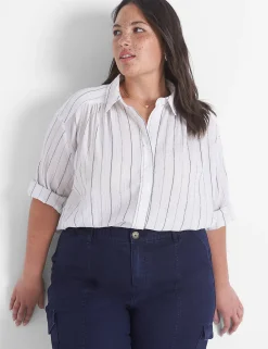Shirts & Blouses^Lane Bryant Relaxed Crop Button-Down Shirt White Stripe