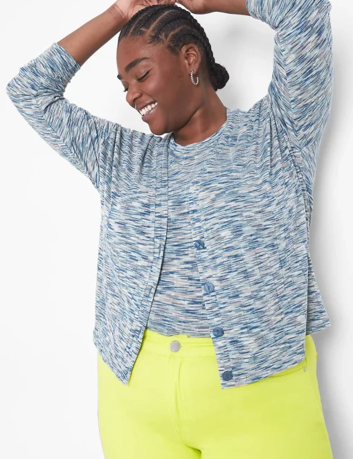 Cardigans^Lane Bryant Relaxed Crop Button-Front Cardigan Aqua Spacedye
