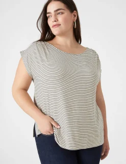 Shirts & Blouses^Lane Bryant Relaxed Pleat Cap-Sleeve Boatneck Top Tan Stripe