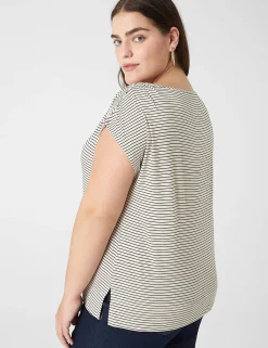 Shirts & Blouses^Lane Bryant Relaxed Pleat Cap-Sleeve Boatneck Top Tan Stripe