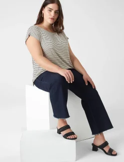 Shirts & Blouses^Lane Bryant Relaxed Pleat Cap-Sleeve Boatneck Top Tan Stripe