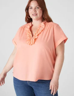 Shirts & Blouses^Lane Bryant Relaxed Ruffle Notch-Neck Woven-Front Top Desert Flower