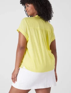 Shirts & Blouses^Lane Bryant Relaxed Ruffle Notch-Neck Woven-Front Top Yellow