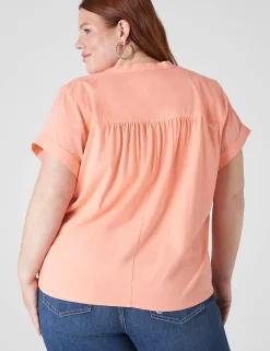 Shirts & Blouses^Lane Bryant Relaxed Ruffle Notch-Neck Woven-Front Top Desert Flower