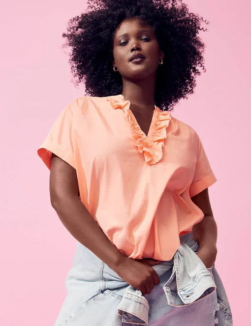 Shirts & Blouses^Lane Bryant Relaxed Ruffle Notch-Neck Woven-Front Top Desert Flower