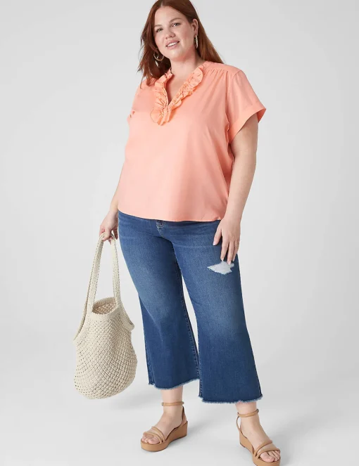 Shirts & Blouses^Lane Bryant Relaxed Ruffle Notch-Neck Woven-Front Top Desert Flower