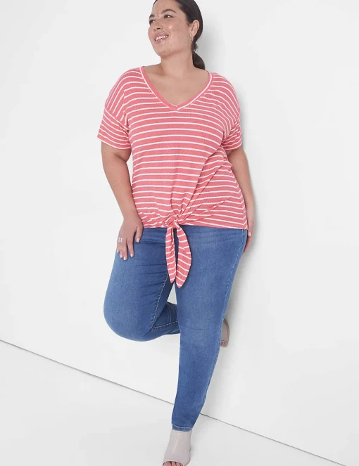Knit Tops^Lane Bryant Relaxed Tie Hem Detail Tee Small Pink Stripe