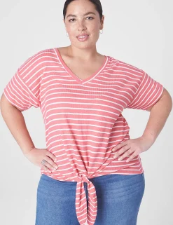 Knit Tops^Lane Bryant Relaxed Tie Hem Detail Tee Small Pink Stripe