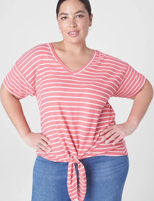 Knit Tops^Lane Bryant Relaxed Tie Hem Detail Tee Small Pink Stripe