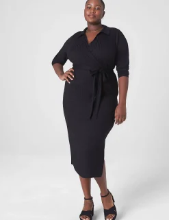 Sheath^Lane Bryant Ribbed Polo Wrap Midi Dress Black