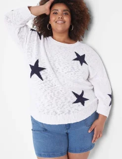 Sweaters^Lane Bryant Round-Neck Star Sweater White
