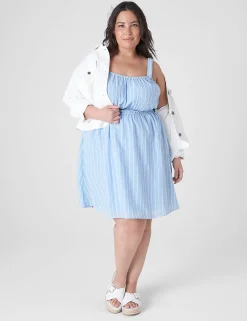 Work Versatile^Lane Bryant Ruched-Strap Double Elastic-Waist Dress Blue Skinny Stripe