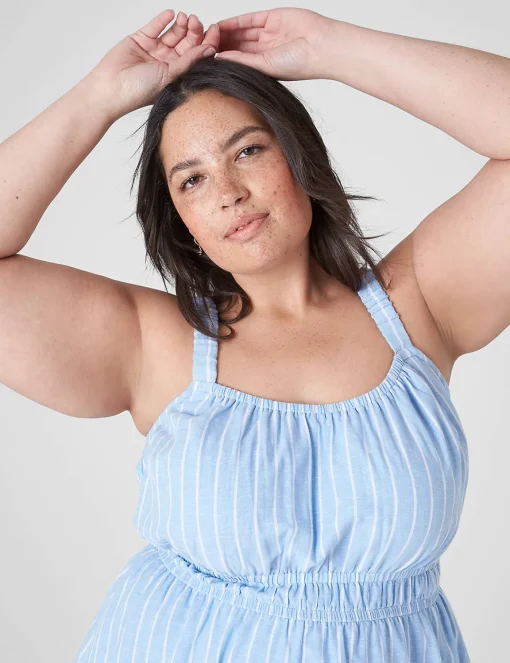 Casual^Lane Bryant Ruched-Strap Double Elastic-Waist Dress Blue Skinny Stripe