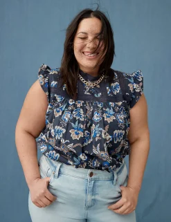 Shirts & Blouses^Lane Bryant Ruffle Cap-Sleeve Lace-Trim Top Blue Vine