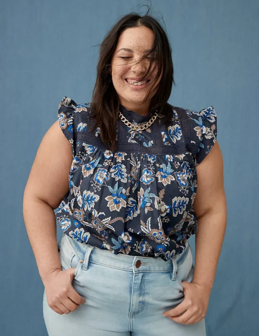 Shirts & Blouses^Lane Bryant Ruffle Cap-Sleeve Lace-Trim Top Blue Vine