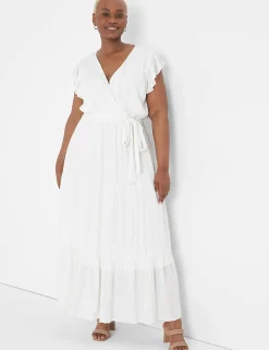 Date Night^Lane Bryant Ruffle-Sleeve Belted Maxi Dress White Lurex Stripe