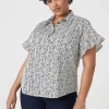 Shirts & Blouses^Lane Bryant Ruffle-Sleeve Button-Down Top Stippled Lines