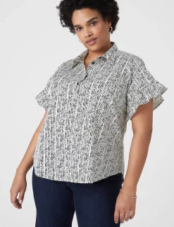Shirts & Blouses^Lane Bryant Ruffle-Sleeve Button-Down Top Stippled Lines