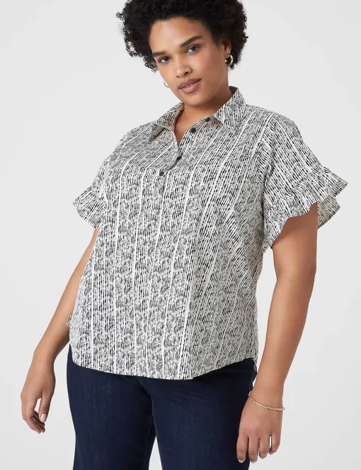 Shirts & Blouses^Lane Bryant Ruffle-Sleeve Button-Down Top Stippled Lines