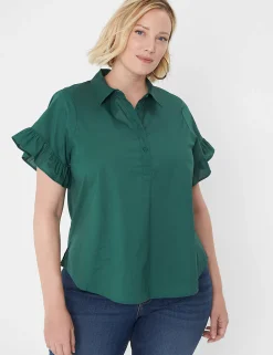 Shirts & Blouses^Lane Bryant Ruffle-Sleeve Button-Down Top Hunter Green