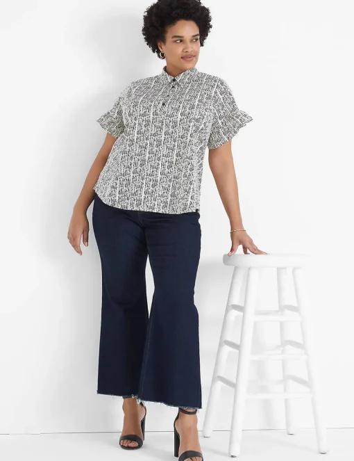 Shirts & Blouses^Lane Bryant Ruffle-Sleeve Button-Down Top Stippled Lines