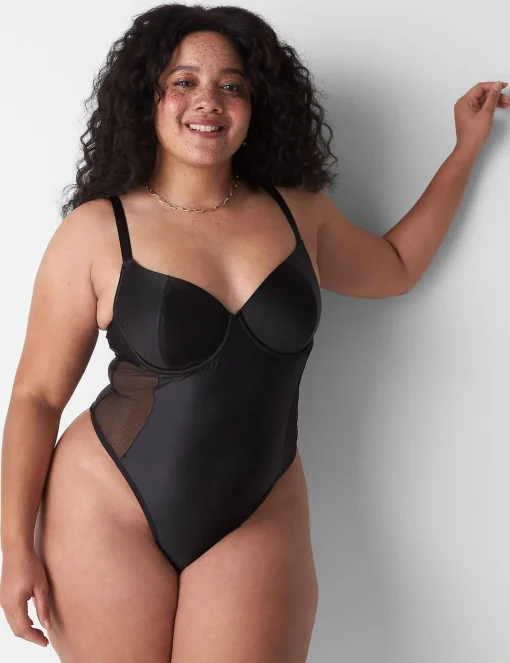 Bodysuits & Playsuits^Lane Bryant Sateen Balconette Fishnet Bodysuit Black
