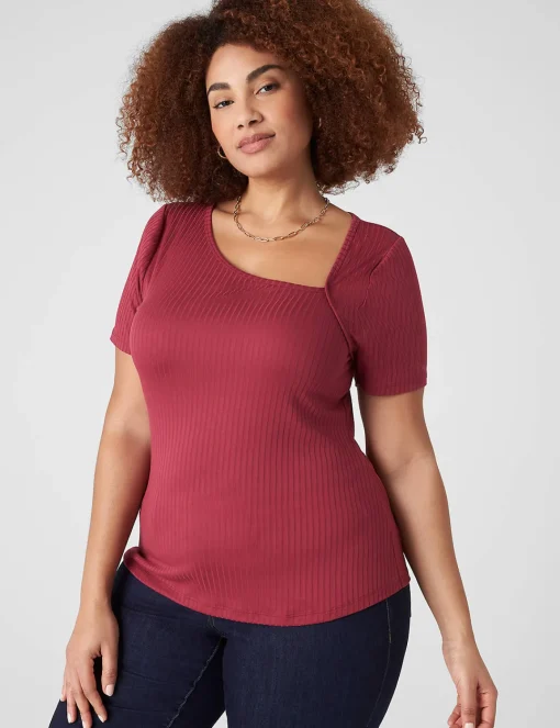 The Tee Shop^Lane Bryant Short-Sleeve Asymmetrical-Neck Tee Burgundy